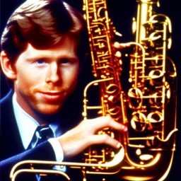 REd-haired Ron howard Is richie from happy days playing his saxophone with "closed-eyelids", rock band, embouchure, joanie cunningham