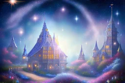 palais de cristal dans un vent de fleurs cosmiques dans un ciel bleu et étoilé et scintillant et très lumineux