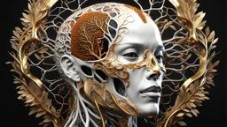 3D rendering of a head of an impressively detailed and complex hyper-realistic "human anatomy": scientific, single object, glossy white, shiny gold, vines, tribalism, black background, shamanism, cosmic fractals, octane rendering, 8k post-processing, detailed metallic bones, dendritic, artstation : Award Winning: Professional Portrait: Atmospheric: Commanding: Fantastic: Clarity: 16k: Ultra Quality: Astounding: Shine: Stunning Colors: Stunning Depth