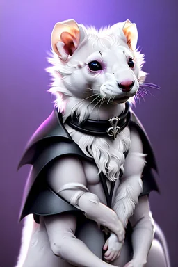 (anthropomorphic white ferret),dressed in ((cleric fantasy)) black clothes with silver holy ornaments, realistic anatomy, posing, cute face, fantasy inspire, fantasy church on background with warm sunshine lighty from behind, gloomy atmosphere, (((high angle shot))), purple armband, The holy icon style, RTX, praying, close eyes