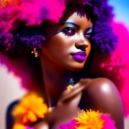 full body shot, masterpiece, best quality, woman, dark skinned, sparkling eyes, fluorescent skin, colorful makeup, afro, highly detailed body, sun light, 4K, RAW, depth of field, high contrast, realistic details, 24mm