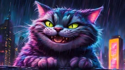 Portrait of a big smiling Cheshire cat, eyes glowing on a rainy night, fading in and out of reality, perched on top of a neon covered high rise, light reflections on the fur, character, impasto main character almost leaping from the page, cyberpunk metropolis, bright neon highlights, vigorous painterly brush strokes full of emotion and life, inspired by Frank Frazetta, Luis Royo and Ghibli