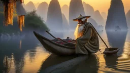 Old fisherman at guilin china on morning sunrise