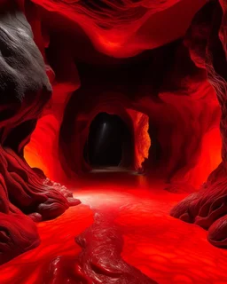 A red molten lava flows in underground designed in Maori sculptures