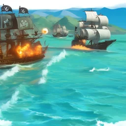 Two pirate ships fight each other at sea. Firing cannons. One ship is hit and burns after being hit.
