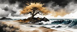 Golden tree on a coastline with stormy sea Zur's Weirding in modern european ink painting art style metal sea shell coloured ink splats