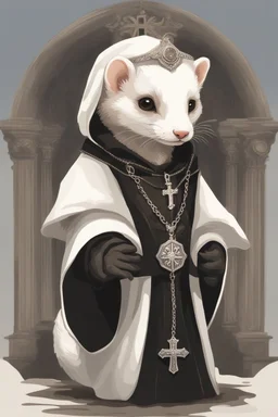 (anthropomorphic white ferret),dressed in ((cleric fantasy)) black clothes with silver holy ornaments, realistic anatomy, holy symbols around, serious face, hold holy cross symbol, tired face, in the style of LOISH, look at the vivewer, cute face, fantasy inspire, fantasy church on background with sunshine, gloomy atmosphere