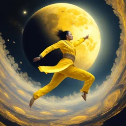 [fractal art: Apophysis, Mandelbulb 3d, Ultra Fractal] [Linda Thorson] A woman martial artist monk in a yellow suit is jumping in the air next to planet with a large moon