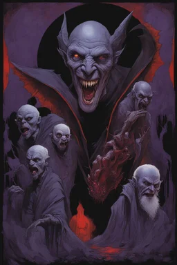 Modern dramatic poster art by Drew Struzan, Dramatic ancient Vampire Lord bearing fangs, Strigoi horror caricature rendering, exaggerated long Fangs, by Russ mills, by Zdzislaw Beksinski, by Dave McKean, black-deep red-deep violet color scheme, multimedia creation, dark nighttime background.