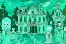 A mint colored haunted mansion with ghosts painted by Gustav Klimt