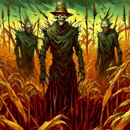 Creepy massive zombie Scarecrows red eyes emerging from corn field, tree tall corn stalks, Eldritch as hell, by George Harriman, by Jeremy Mann, by Hieronymus Bosch "Garden of Earthly Delight", intricately detailed, hypersurreal, octane render, asymmetric dystopian nighttime nightmarish background.