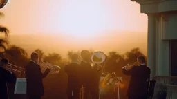 panoramic ,brass orchestra playing outside a beverly hills style mansion, exterior photography of a romantic and bright house, 8k, ultra HD