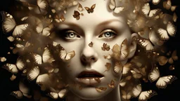 Surreal digital artwork featuring a close-up of a mature, pale-skinned human face. The face is expressionless, with neutral lips and striking golden eyes that stare directly at the viewer. Its most distinctive feature is the multitude of delicate white and brown butterflies with intricate wing patterns that create its hairstyle, creating a whimsical, dreamlike effect. The background is a soft gray to light blue gradient. The overall style is imaginative and artistic.