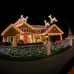 photograph taken by a gopro camera of a suburban house and landscaping and fence with an insanely detailed Christmas light display lit up at night. Christmas lights on everything, Santa's sleigh and reindeer on roof all lit up with individual christmas lights, christmas light on everything to an unbelievable degree