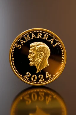 view of the word, SamarrraiAI 2024, on a golden , with picture of , man head in the middle of the coin