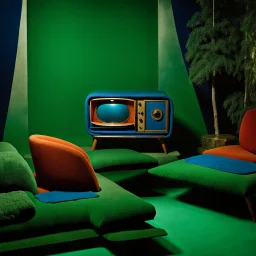 Detailed cozy odd furniture made of modeling clay, naïve, TV studio 1950's shot, Italian 1960's design, extreme detail, Max Ernst, green and blue, rich moody colors, sparkles, hypnotic