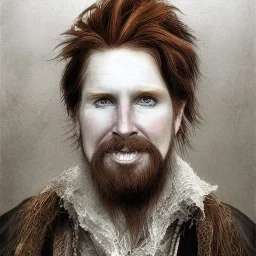 Portrait of Courtney Gains as a ruggedly handsome but joyful roguish pirate, charismatic, attractive male, masculine, perfect, precisely detailed, lightly freckled face, meticulously detailed multi-hued ginger carrot colored cherry fire red hair; Malachai of the corn; fantasy, intricate, elegant, highly detailed, digital painting, artstation, concept art, matte, sharp focus, illustration, art by artgerm and greg rutkowski and alphonse mucha