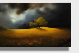 breathtaking oil painting with palette knife of a undulating landscape in luxurious nature, volumetric lighting, with intricate art nouveau moody dark tumultuous volumetric clouds, at dawn with roses and golden petals flying, rembrandt style, concept art, matte, by krista schumacher and georgia hart