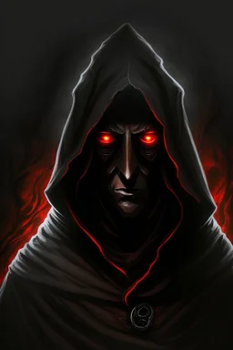 Dark sorcerer, black robe, not visible face, comic style, red eyes