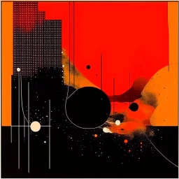 diffused cosmic conspiracies, abstract art, pinpoint dark light clusters, by Graham Sutherland and Victor Pasmore, silkscreened mind-bending illustration, asymmetric, cigarette burn textures, warm orange and black colors