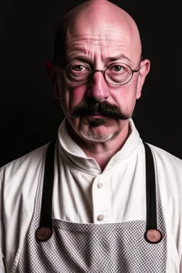 bald innkeeper with white dirty apron and moustache