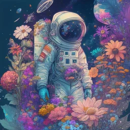 "floral astronaut" hand-drawn digital art, flowers everywhere, colorful garden, beautiful galaxy, REALISTIC, anime, 4k, high resolution, full details, 2560x1600