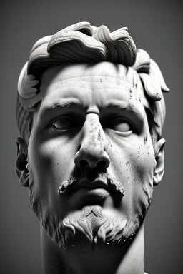 Ultra Realistic image, roman sculpture, Calacatta marble material, Lionel Messi, Laurel leaves crown, Renaissance style, miguel angel style, chisel style, emperor, waist up portrait, epic, celestial, cinematic lighting, God light, god rays, 4k resolution, smooth details, ornate details, soft lighting, unreal engine 5, sky background.