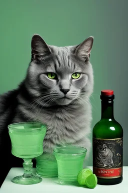portrait of a cat foldex gray, next to a bottle of absinthe