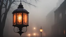 Warm glow of a traditional lantern on a foggy evening setting a nostalgic city scene