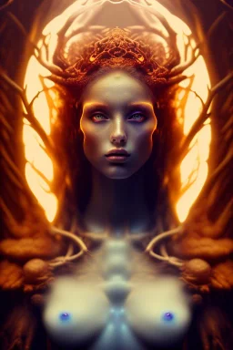 portrait photography of an ethereal beautiful animal goddess, Fire theme art, Dark moody night atmosphere, Portrait of a woman by Michelangelo, 8K, close-up face, anatomically perfect face, oak tree roots, ignore NSFW