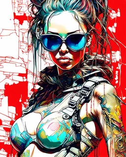 close up, full color painting of squatting cyberpunk girl, sunglasses, high heel shoes, perfect hourglass figure, (((Graffiti art) (by Carne Griffiths))), red wall background, insane details, intricat Modifiers: highly detailed Award winning photography fantasy 8k photorealistic beautiful poster award winning imperial colors fantastic view ultra detailed 4K 3D colourful very cute cinematic postprocessing acrylic art Craig Rutkowski