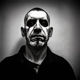 Grainy photo, portrait, dark night, grunge, 2000s Russia, punk, criminal, rough, confident, older male, extremely pale skin, extremely deformed, hideous, sewer dweller