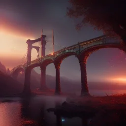 Artemis Tapınağı fantasy fantasy art, sunset rainbow bridge birds, lighting, cinematic, extremly, mist, unreal engine 5, cinematic lighting, beautiful, photorealistic, abstract