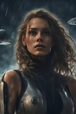 science fiction scene like fantasy on saturn 30 years old skinny woman long hair ultrarealistic wet skin raining, tattos photorealistic, wind is blowing, tanned skin collarbones, skinny, space ship behind, all looks like poster from 2020, women looks like model, wearing over-knee-sockets