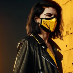 A badass Sofia Buttela wearing a scream mask, atmospheric, realistic, yellow leather trench coat, unreal engine, cinematic lighting, octane render.