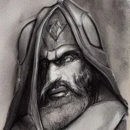 dnd, dwarf, priest, heavy armour, portrait, only face, close up, watercolour, grey beard, long hair, artistic, frowning