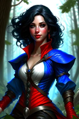 create an adult female air genasi from dungeons and dragons, black medium hair, light blue eyes, blue skin, wavy hair, wearing red leather clothing, full body, digital painting, high resolution, forest background, a bit zoomed out