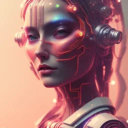 A beautiful portrait of a cute cyberpunk woman happy, grain on the skin, orange color scheme, high key lighting, volumetric light high details with white stripes and feathers full length clean art NFT, soft lighting, soft pastel gradients, high definition, blender 3d cinematic, op art, visionary art, sacred geometry, fractal, white balanced