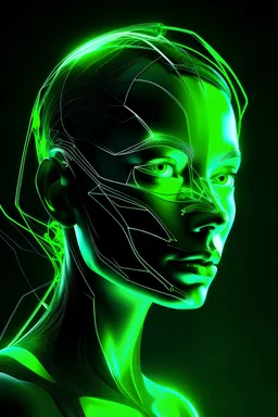 "Generate an abstract profile image that fuses futuristic and natural elements in a monochrome palette with neon green highlights, ensuring faces or human-like features are not included. Emphasize innovation, harmony, and universal connectivity, focusing on the beauty of interconnected ideas and the depth of abstract thought. This design should invite viewers to explore a world where light, shadow, and digital landscapes converge, creating a sense of complexity and serene innovation without rely