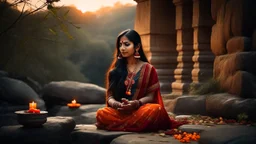 A petite Indian woman with long, dark hair adorned with flowers, wearing a traditional sari, meditating in a peaceful forest of sandstone cubes with candle-lit niches and windows, at sunset.