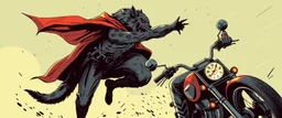 werewolf vs vampire cyberpunk action scene, acrobatic dodge, cape, all seen drawn on isometric grid, wolf giving him the biggest stomach punch, power lift grab, riding bikes