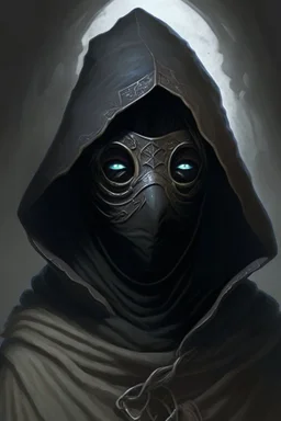 dungeons and dragons man wearing black robes and hood wearing a porcelain mask with eyeholes