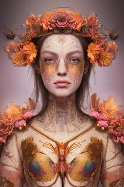 upper bust portrait, the queen of butterflies, coloured paint like butterfly wings on face in symmetrical pattern, intricate metal work crown, extremely detailed clothing, in a field of roses, 8k resolution concept art, dynamic lighting, intricately detailed, hyperdetailed, beautiful, ethereal, elegant, golden hour, (butterfly), gothic