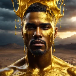 A hyper-realistic photo, beautiful face man ,natural body disintegrating into gold dripping ink and slime::1 ink dropping in water, molten lava, 4 hyperrealism, intricate and ultra-realistic details, cinematic dramatic light, cinematic film,Otherworldly dramatic stormy sky and empty desert in the background 64K, hyperrealistic, vivid colors, , 4K ultra detail, , real , Realistic Elements, Captured In Infinite Ultra-High-Definition Image Quality And Rendering, Hyperrealism