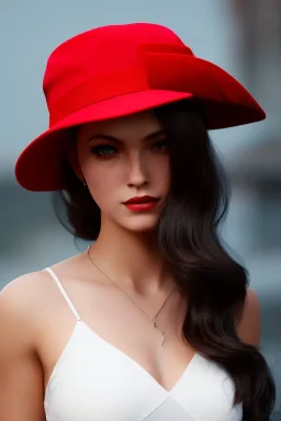 Mystery girl, red hat, head bowed. She has beautiful eyes. Her hair flies in the air., closed eyes, rtx, reflection, 8k, glow, winning photography, caustics