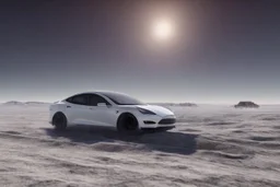 A Tesla 'Model Y' is drifting at top speed, on the planet 'Hoth'. CINEMATIC. WIDE ANGLE LENS. PHOTO REAL.