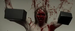 a faceless woman covered in blood holding up an empty black box