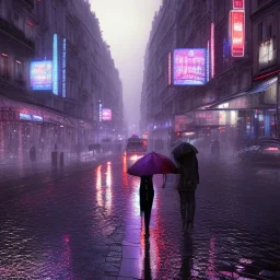 Cyberpunk street view at night, Paris, rain, ground reflection