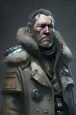 Hardened, weather worn, sci-fi colonial leader, male