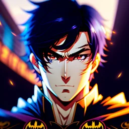 (masterpiece), (anime style), award-winning, close-up, centered, Instagram-friendly, looking towards camera, dynamic pose, messy black hair, Batman blue eyes, intricate modern background, dynamic lighting, depth of field, ultra detailed, (epic composition, epic proportion), 2D illustration, professional work, black clothing